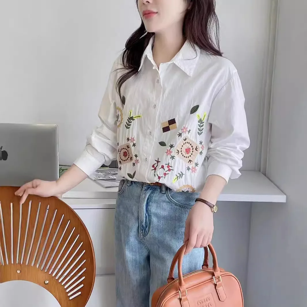 Sweet Mori Girl Flowers Embroidery Cotton Shirts Women Spring Autumn Long Sleeve Hollow Out Crocheted White Striped Blouse Tops