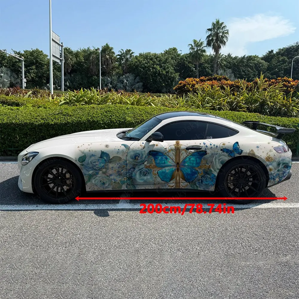 2pcs Flowers Gilded Cross Butterflies Car Side Wraps, Self-Adhesive PVC Waterproof & Scratch-Resistant Stickers, Car Accessory
