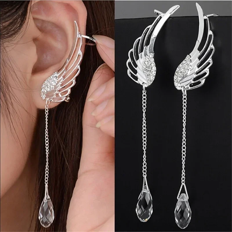 Angel Wings Crystal Earrings Silver Plated Dangling Earring for Women Long Cuff Earring Bohemia Tassel Ear Jewelry