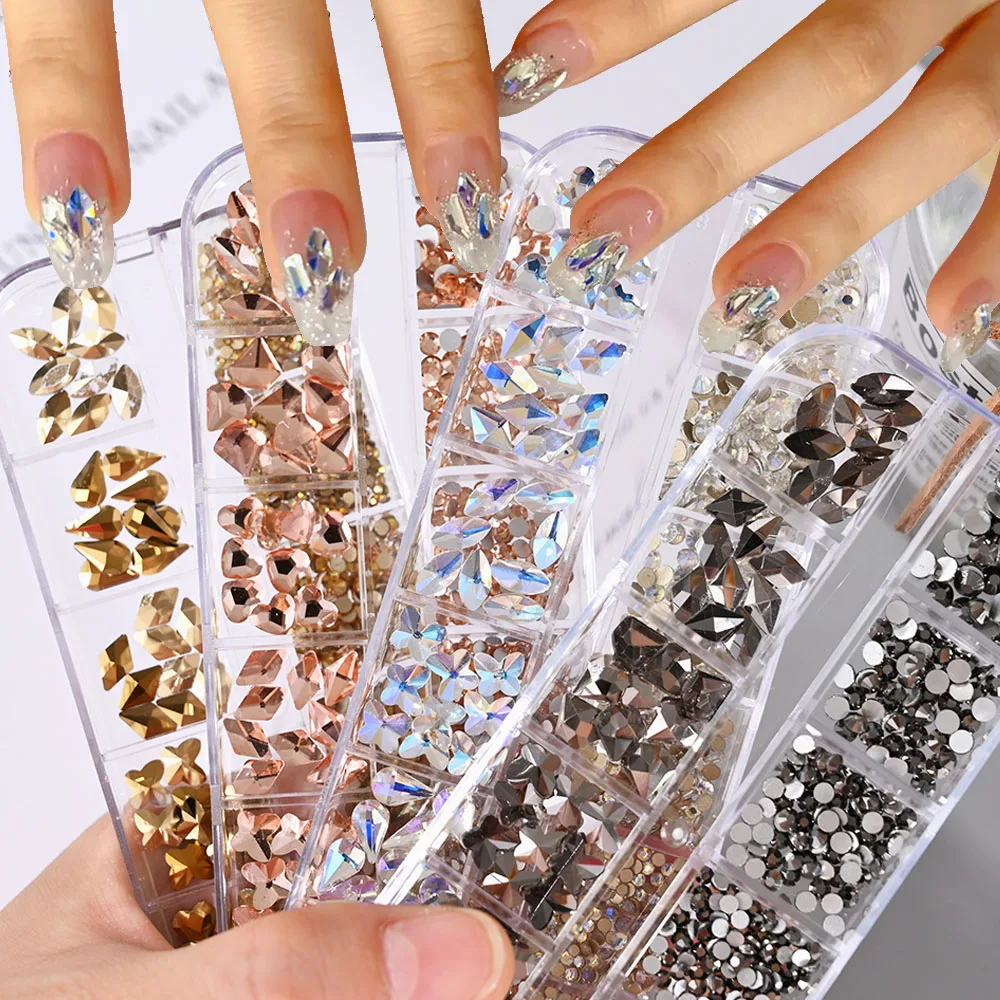 12 Grids SS4-SS16 Mixed Glass Stones Nail Rhinestones Clear/Pink/AB Diamond Luxury Gems Irregular Flatback Crystal Nail Charms