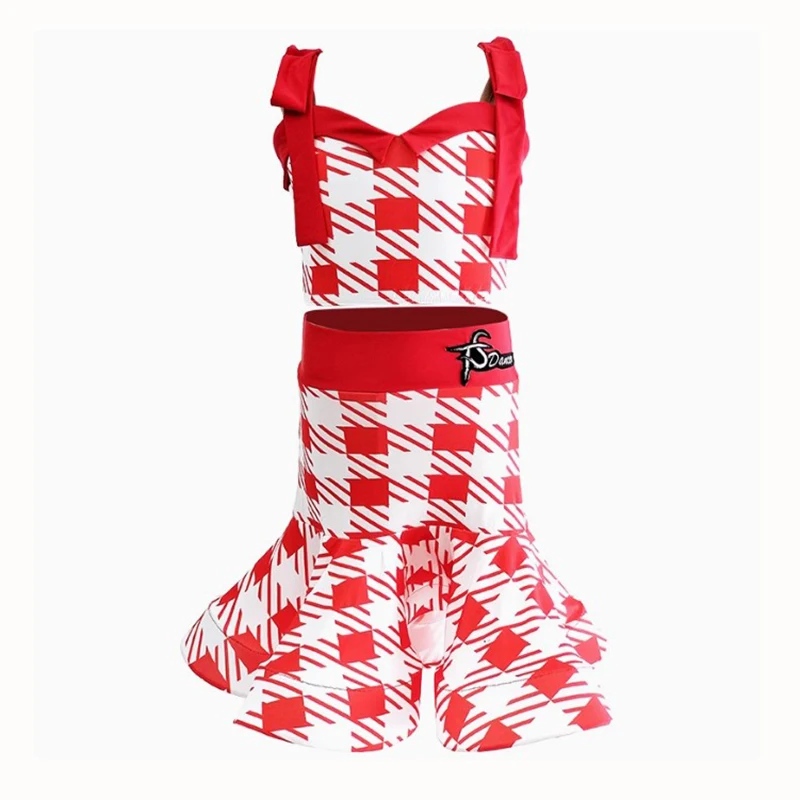 

Детский танцевальный костюм для девочек: красно-белый топ в клетку и пышная юбка для латиноамериканских и бальных танцев, для тренировок и соревнований