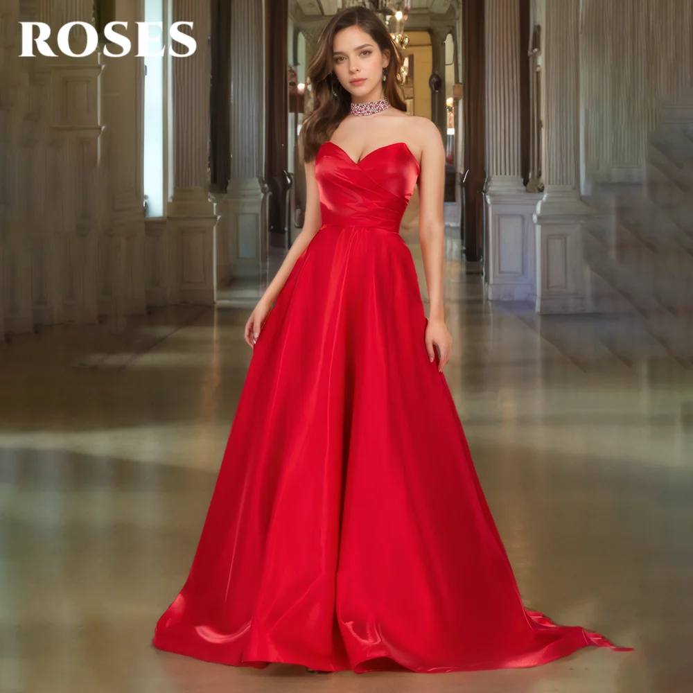 

ROSES Red Elegant Prom Dress Sweetheart Backless Prom Gown Satin A-Line Sleeveless Ball Gown for Woman robe soirée Customized