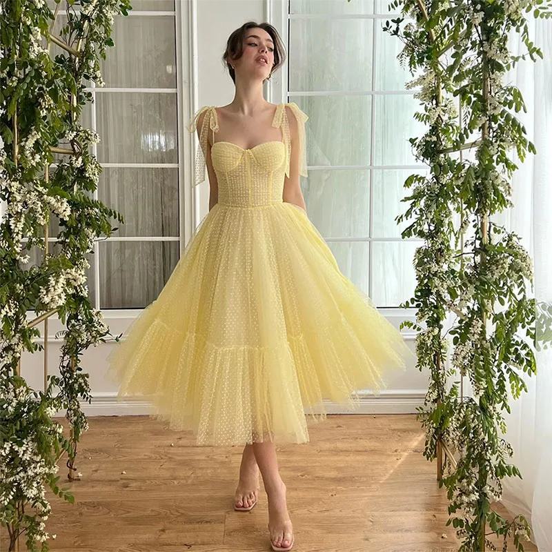 Robe de Rhplissée en tulle jaune clair, bretelles spaghetti, longueur de thé, robe de graduation ligne A pour fête