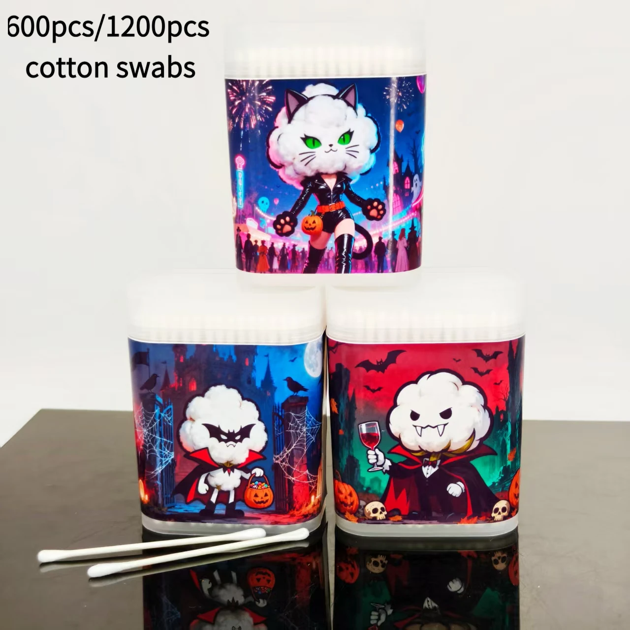 600개/1200개 할로윈 테마 미세 축 면봉 뱀파이어 디자인 면봉