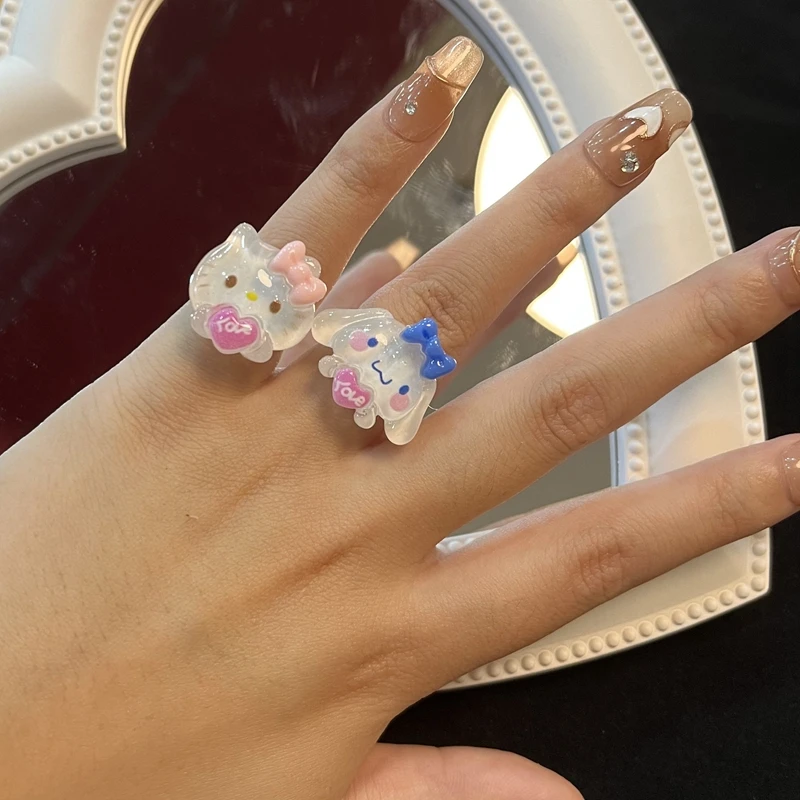 Sanrio Ring Kuromi Hello Kitty My Melody Kawaii Anime Cinnamoroll Open Adjustable RingWith Love Box Girl Heart Decorate Toy Gift