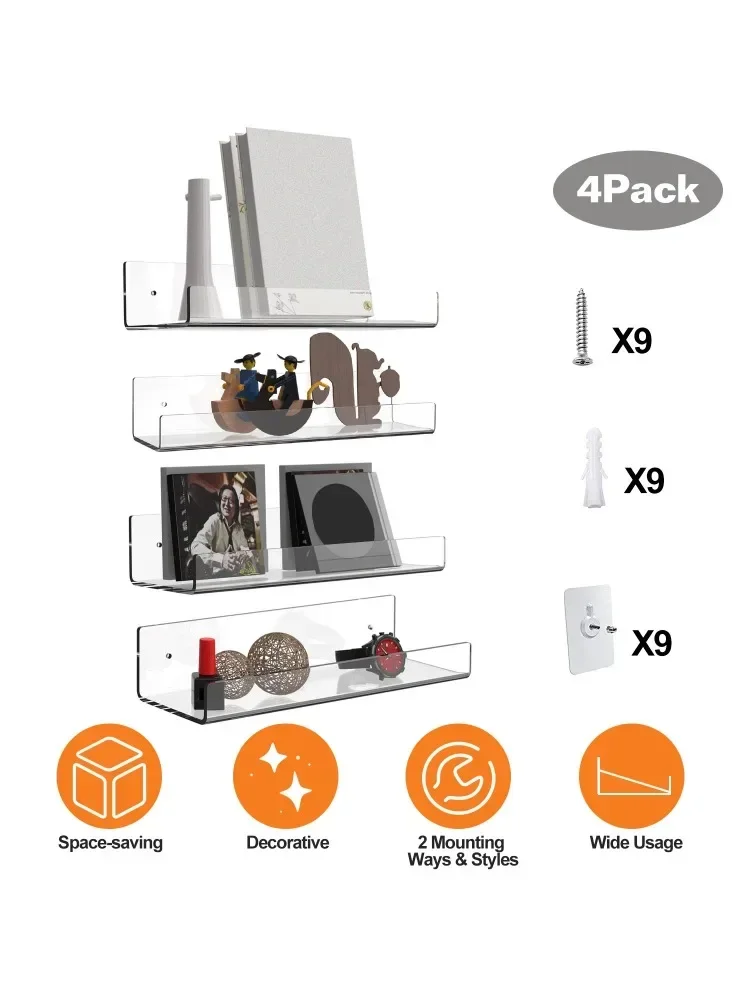 

4 Pack 15 Inch Clear Acrylic Floating Shelf Bookshelf with 2 Ways to Install Wall Mounted Storage Rack