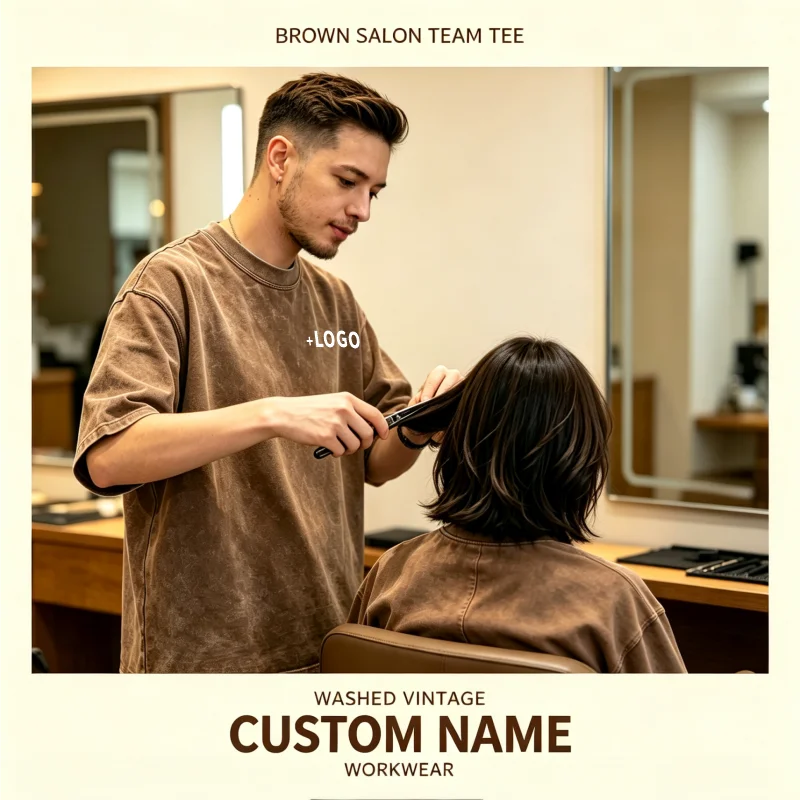 Customizable Barber Shop T-Shirt, Washed Cotton Workwear, Team Uniform for Salon Staff