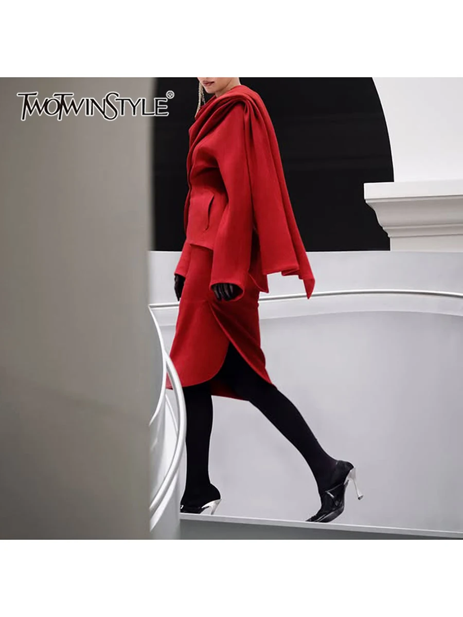 

TWOTWINSTYL утягивающие комплекты из двух предметов для женщин, круглый вырез, длинные рукава, блейзер с лентой, юбка с высокой талией, элегантный женский комплект