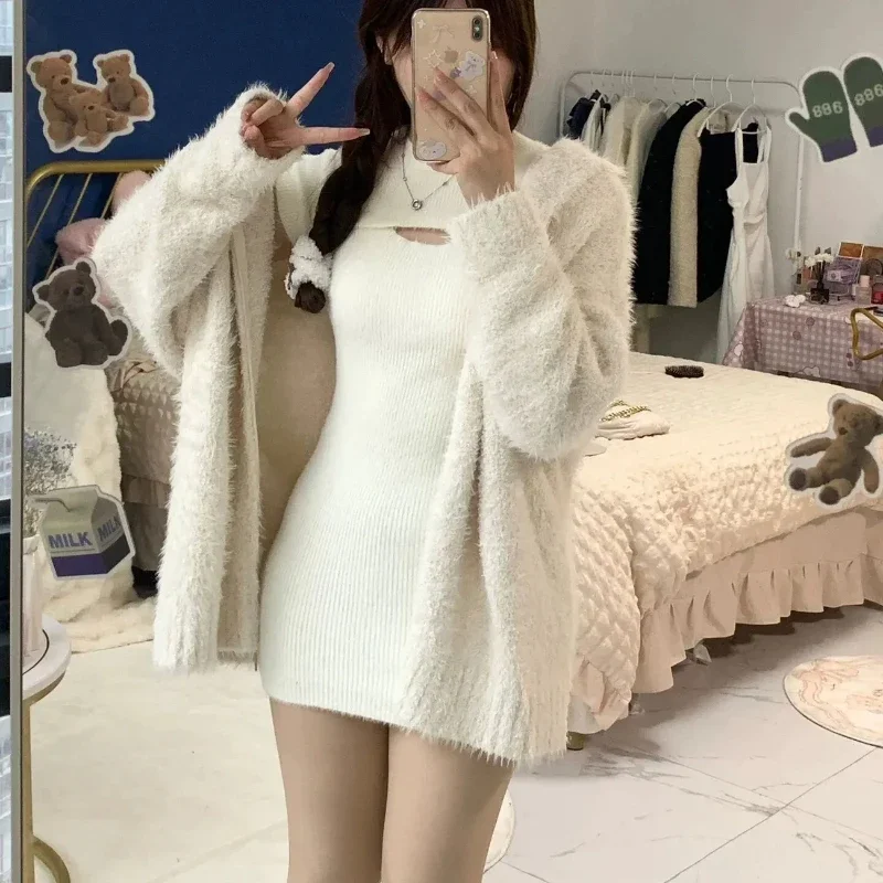 Cardigan Women Solid Hooded Chic Furry All-match Simple Loose Fit Gentle Cozy Soft Outwear Autumn Ins Knitted Casual Popular