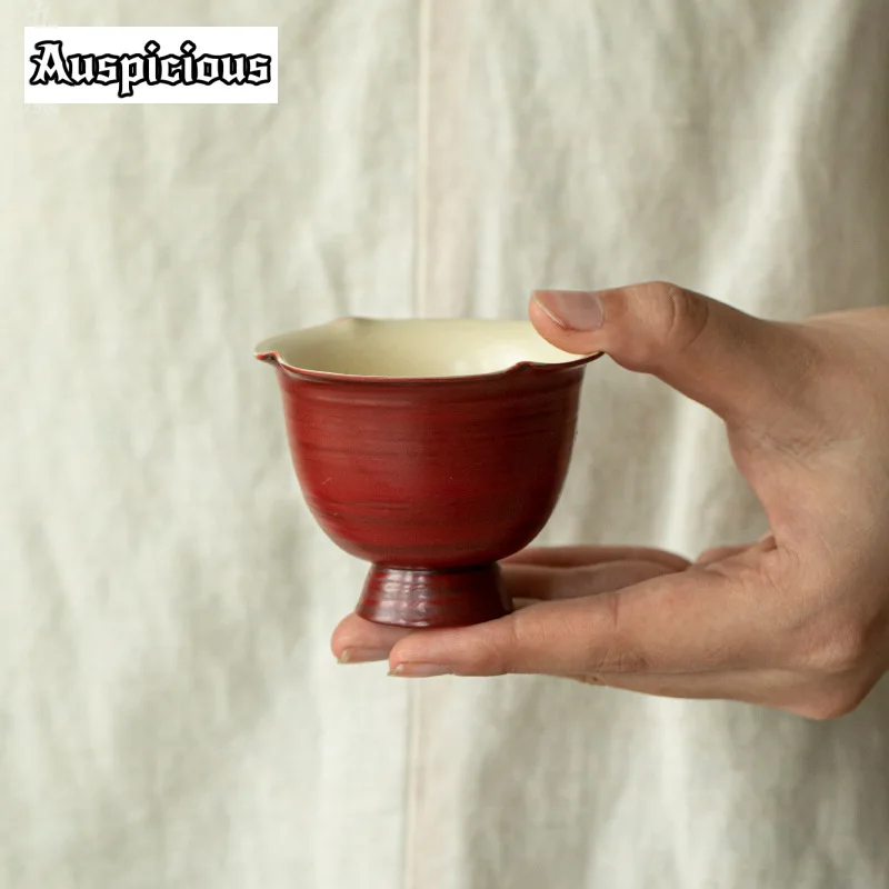 Japanese Powder Yin Red Ceramic Teacup Handmade Sunflower Mouth High Foot Cup Tea Fragrant Master Cup Chazhan Kung Fu Teaset