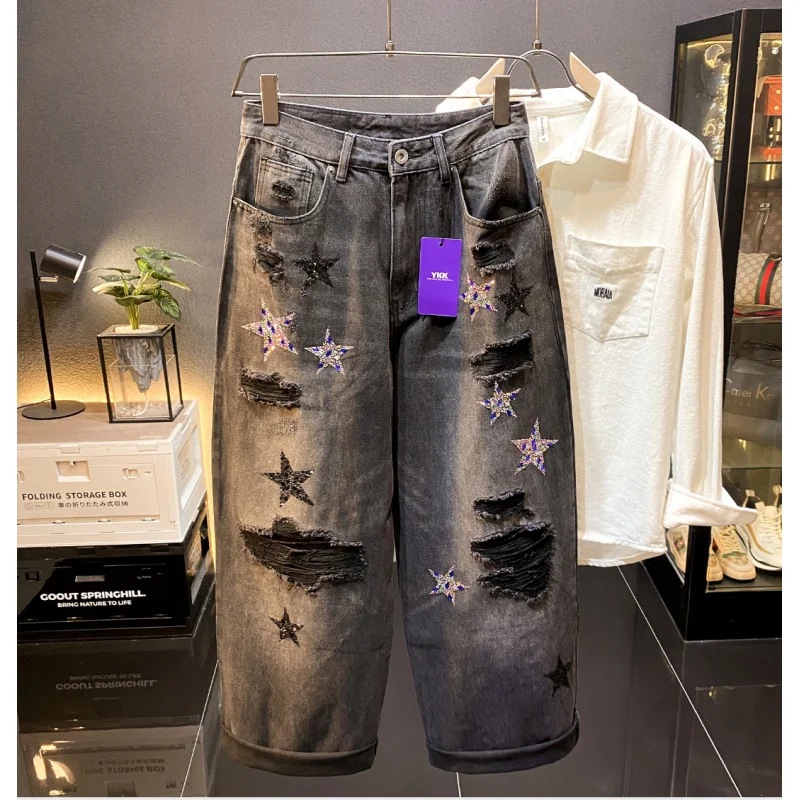 

Small niche design, loose straight black ripped jeans men, autumn fashion, patch print trend, wide leg long pants