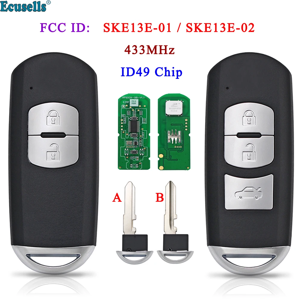 

Ecusells Smart Remote Key Fob 433MHz ID49 Chip Fit for Mazda 3 6 CX-4 CX-5 MX-5 SKE13E-01 SKE13E-02 with Emergency Key