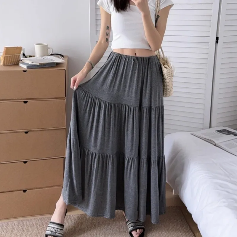 Elastic High Waist Long Cake Skirts 2025 New Summer Autumn Women Solid Thin Modal Skirt Ladies A Line Big Swing Maxi Skirt Saia