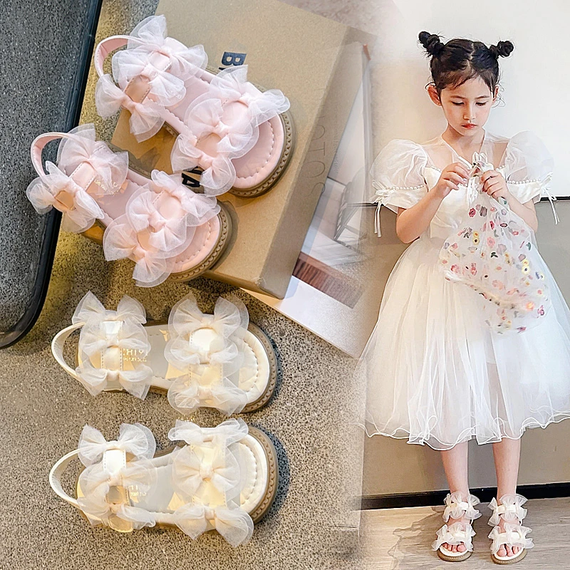 

Girls Sandals Summer New Children Princess Causal Dress Sandal Fashion Open-toe Lace Bowtie Kids Flat for Wedding Party