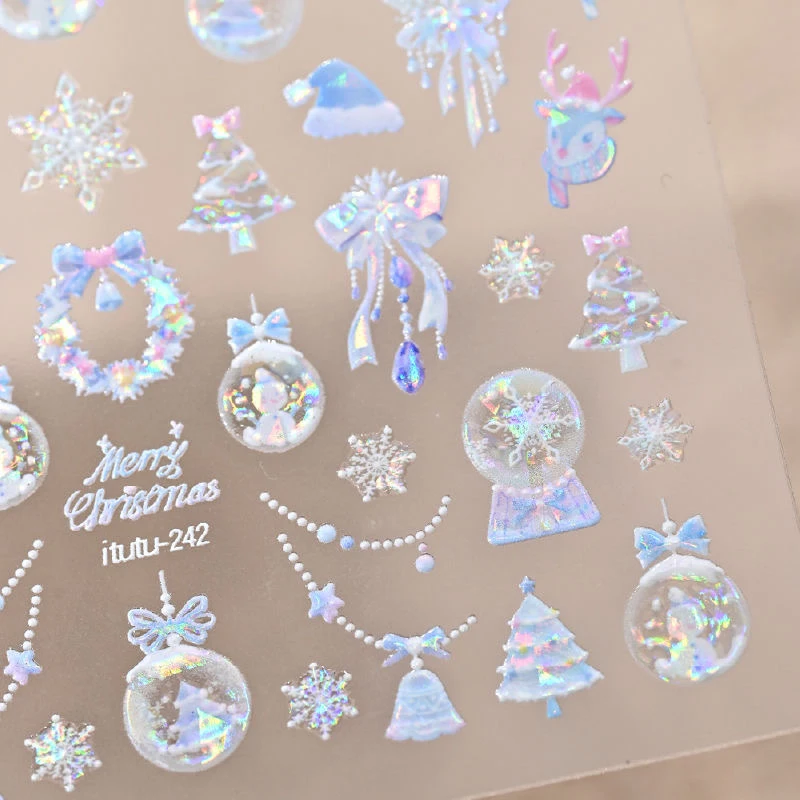 Snowflake Christmas Tree Nail Art Stickers Cute Snowflake Stars Self-Adhesive Nail Art Stickers 5D Embossed Nail Art Sticker