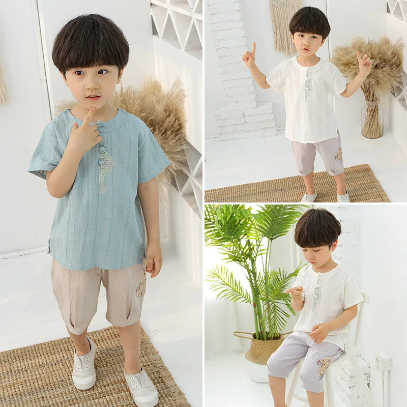 

Children Short Sleeve Two Piece Set Tang Suit Boys Embroidery Chinese Lovely Hanfu Kids Traditional Cotton Linen Clothing