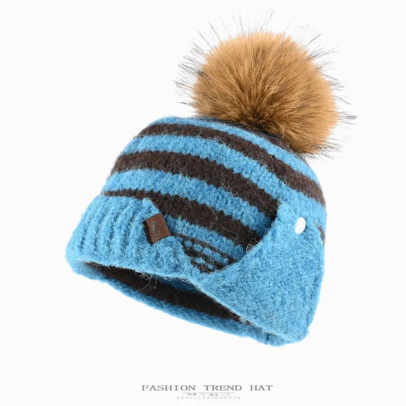Women's Autumn Winter Striped Warm Knit Beanie Ear Cover Slim Face Hat