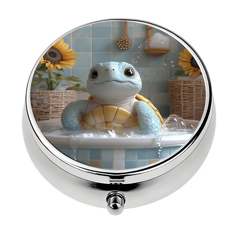 A travel-friendly pill box designed specifically for purses and handbags, featuring a turtle bathing theme. This mini decorative storage box is a unique gift and a compact solution for storing medication.