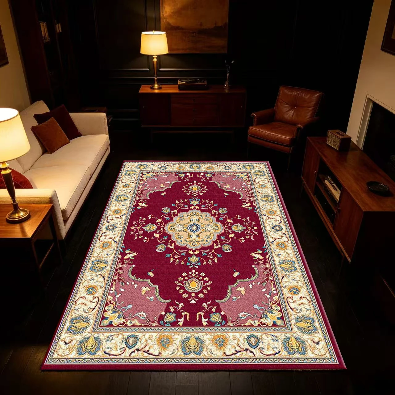 Luxurious Retro Red Medal Pattern Oriental Traditional Carpet Floor Non-Slip Mat