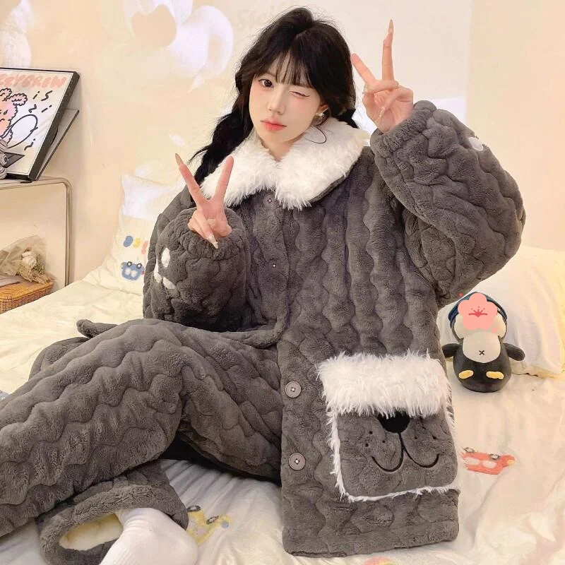 Pijamas de mujer, ropa de dormir cómoda, conjunto de pijama de algodón, invierno, otoño, acolchado, oso coreano, forro polar Coral, traje para casa grueso y cálido para adolescentes