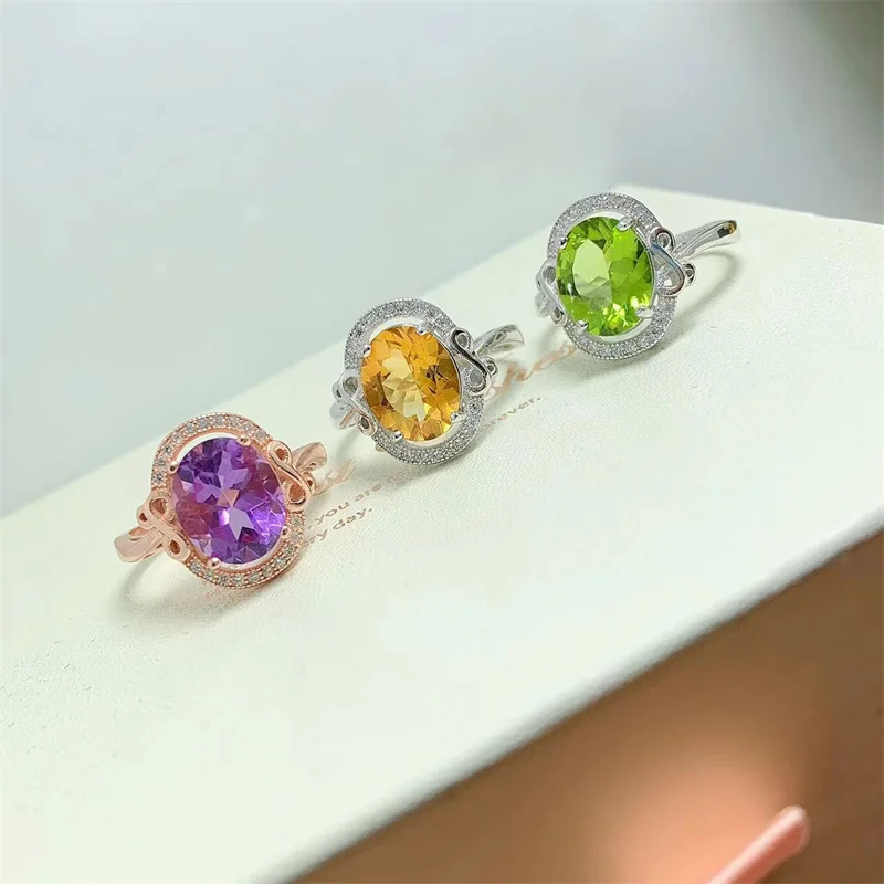

Real 925 Sterling Silver Wedding Ring for Girl Lady Natural Peridot Citrine Amethyst Women's Ring Fine Jewelry with Certificate
