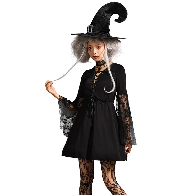 

Black Lace Lolita Woman Dark Gothic Witch Cosplay Female Halloween Evil Sorceress Costumes Carnival Purim Role Play Party Dress