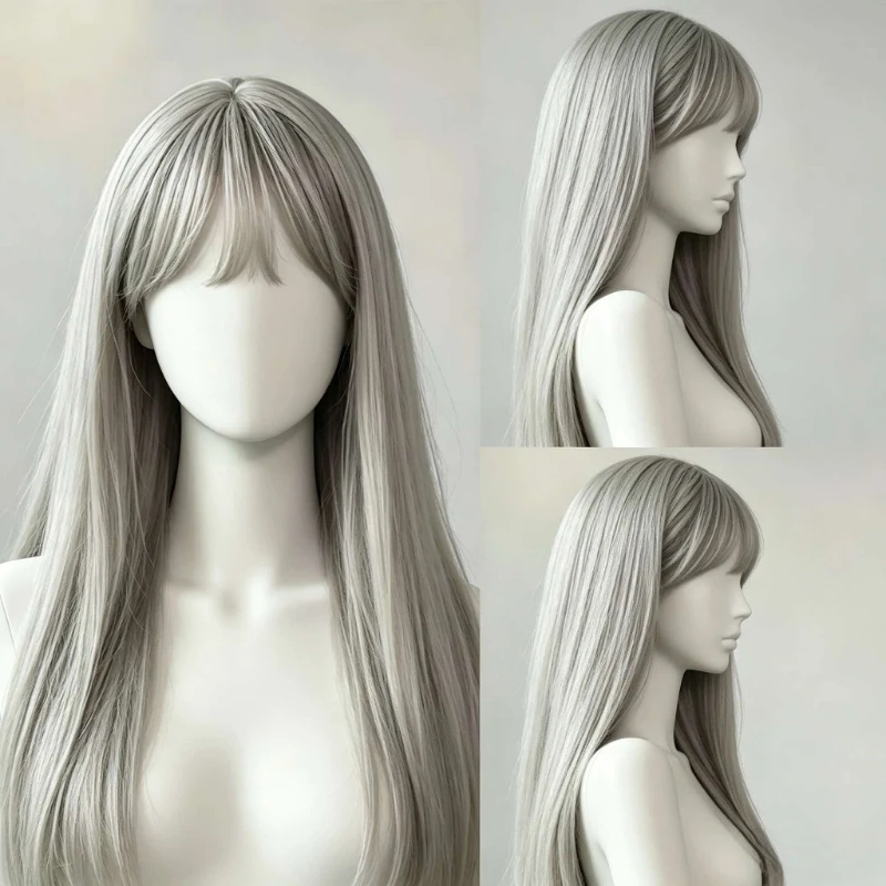 26-Inch Silver-Grey Straight Long Synthetic Wig Suitable for Thick Bangs Women Silky Texture Harajuku Gothic Style