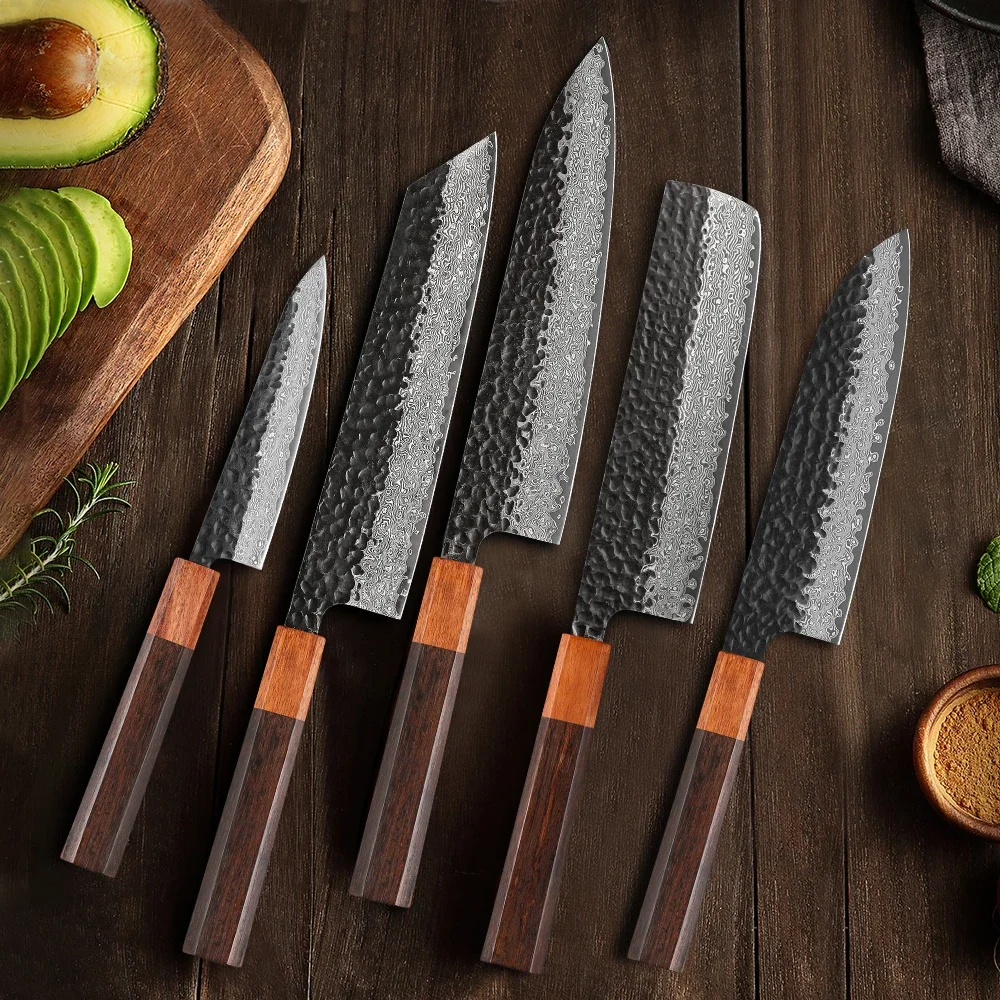 TURWHO 1-5PCS Kitchen Knives Set Hand Forged Damascus Steel Japanese Handmade Chef Knife Cleaver Santoku Utility Cooking Tools