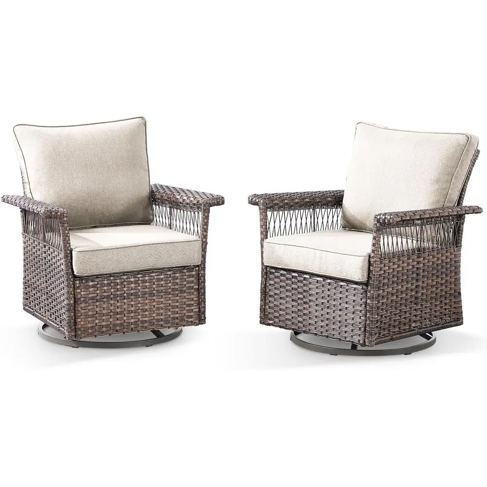 

2-Piece Outdoor Swivel Glider Set with Wide Armrests - Comfortable High Back Wicker Rocker for Patio, Balcony, and Yard in Brown