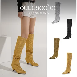 Ods Sexy Brand Luxury Bling Silver Big Size Shoes Woman Thigh-High Boots Zipper Large Over-the-Knee Ladies Black Leather 42jc43