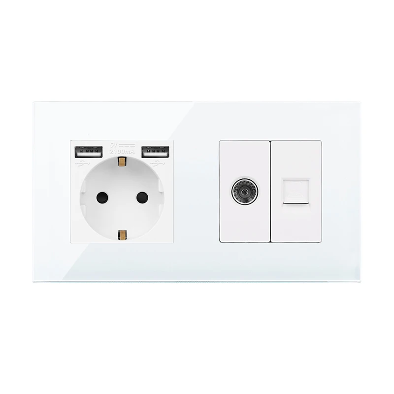 DAJIMEI EU Russia Standard Double Triple Wall Plug TV Computer Internet RJ45 and Dual USB Socket Crystal Glass Panel for Home