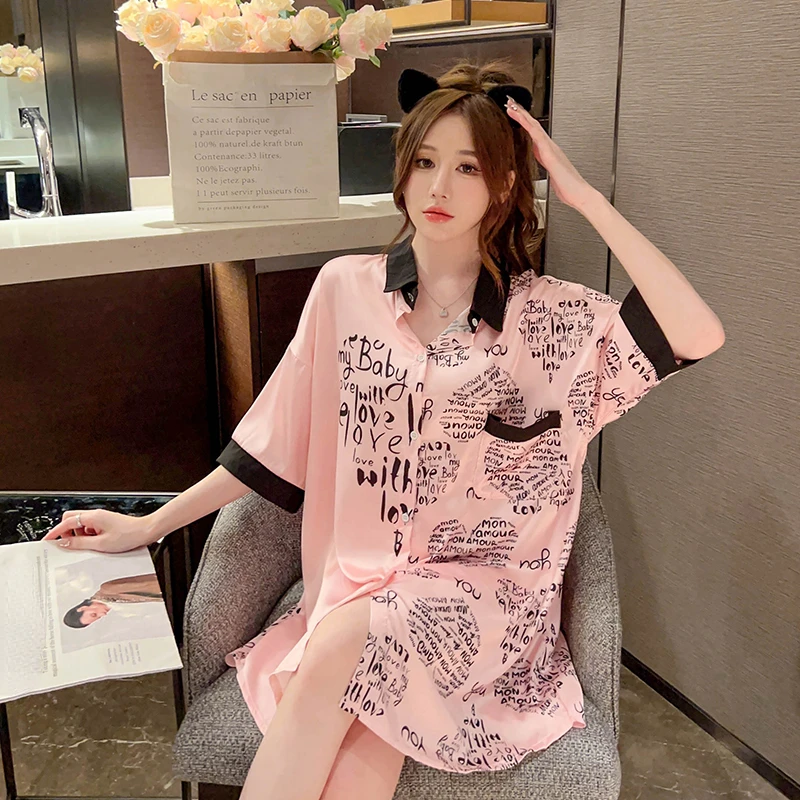 Summer Satin Silk Women Sleepwear Shirt Pink Letter NightGown Short Sexy Sleepshirt Loose Ladies Nightgown Shirt Girl Nightdress