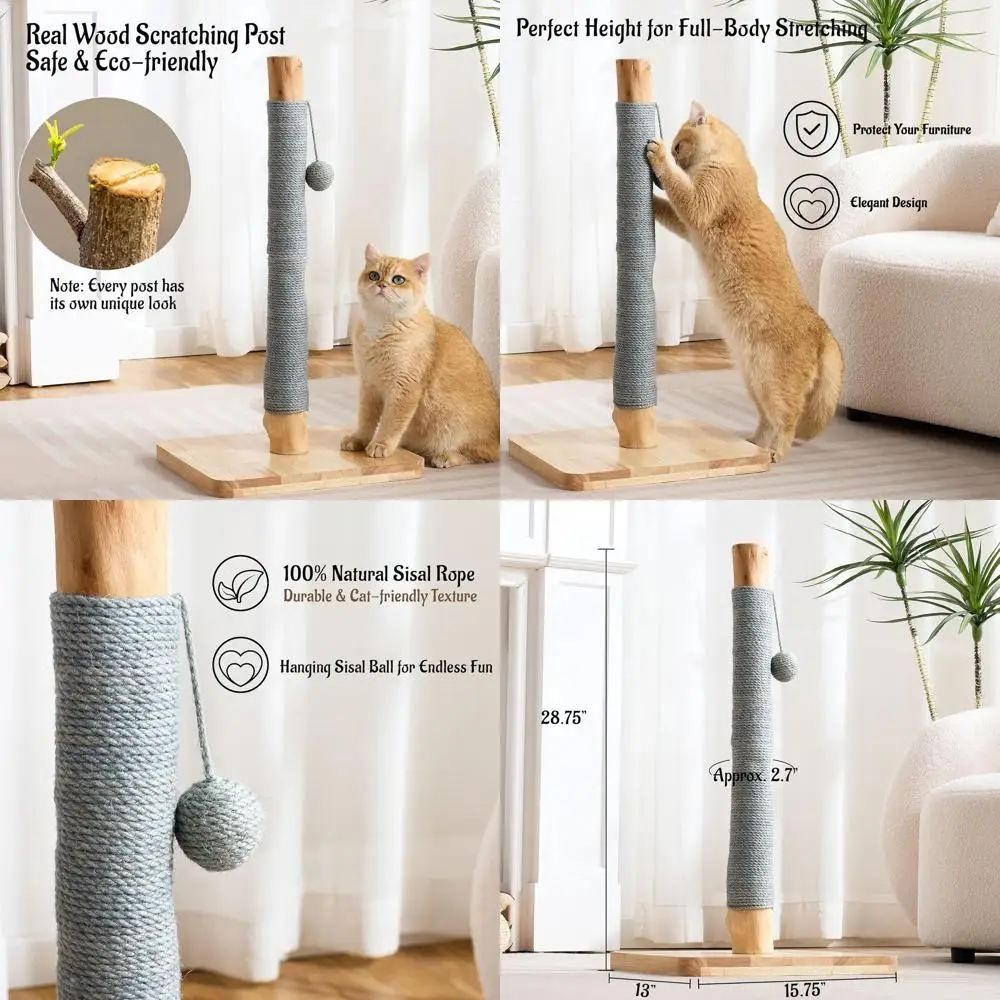 

29-Inch Tall Wooden Cat Scratching Post for Indoor Felines, Stable Sisal Pad with Swinging Ball, Gray