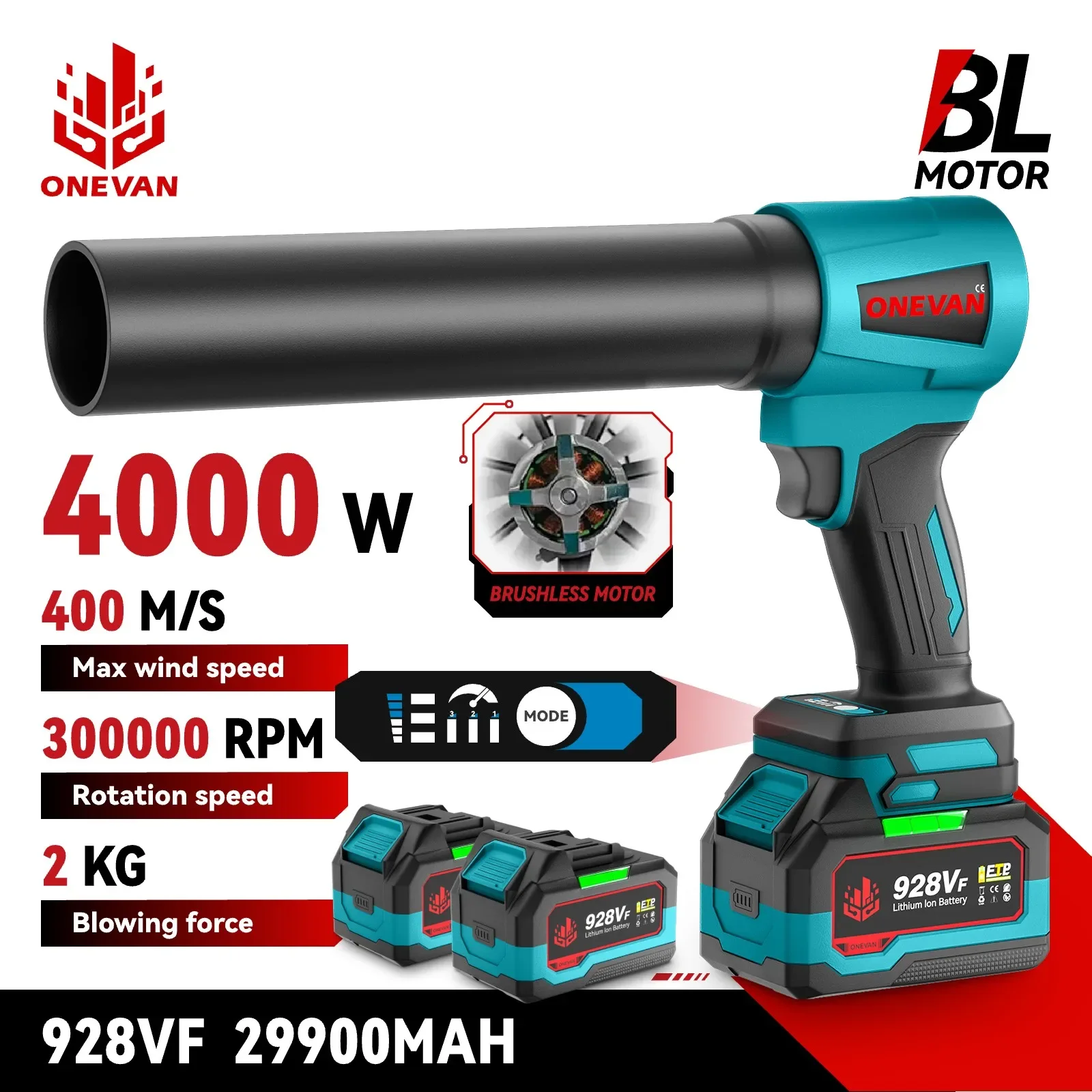 ONEVAN 4000W Brushless Electric Turbo Blower Jet Fan 400M/S 300000RPM Handheld Leaf Dust Blowing Tool For Makita 18V Battery Pin