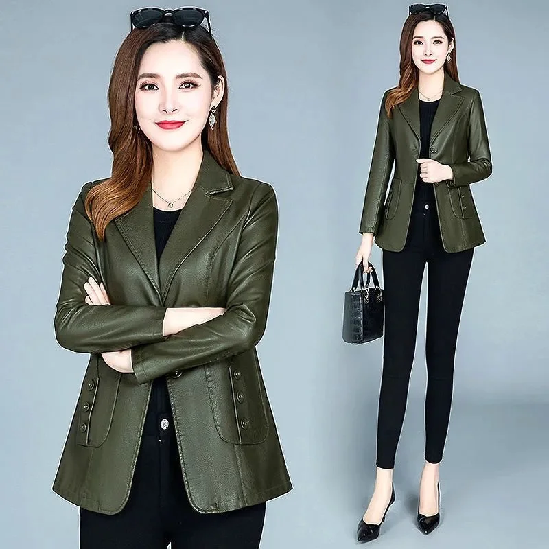 الكورية المرأة قصيرة الجلود أبلى ربيع الخريف الإناث حجم كبير 6XL فو بلوزات من الجلد 2025 السيدات موضة بولي Leather سترة جلدية