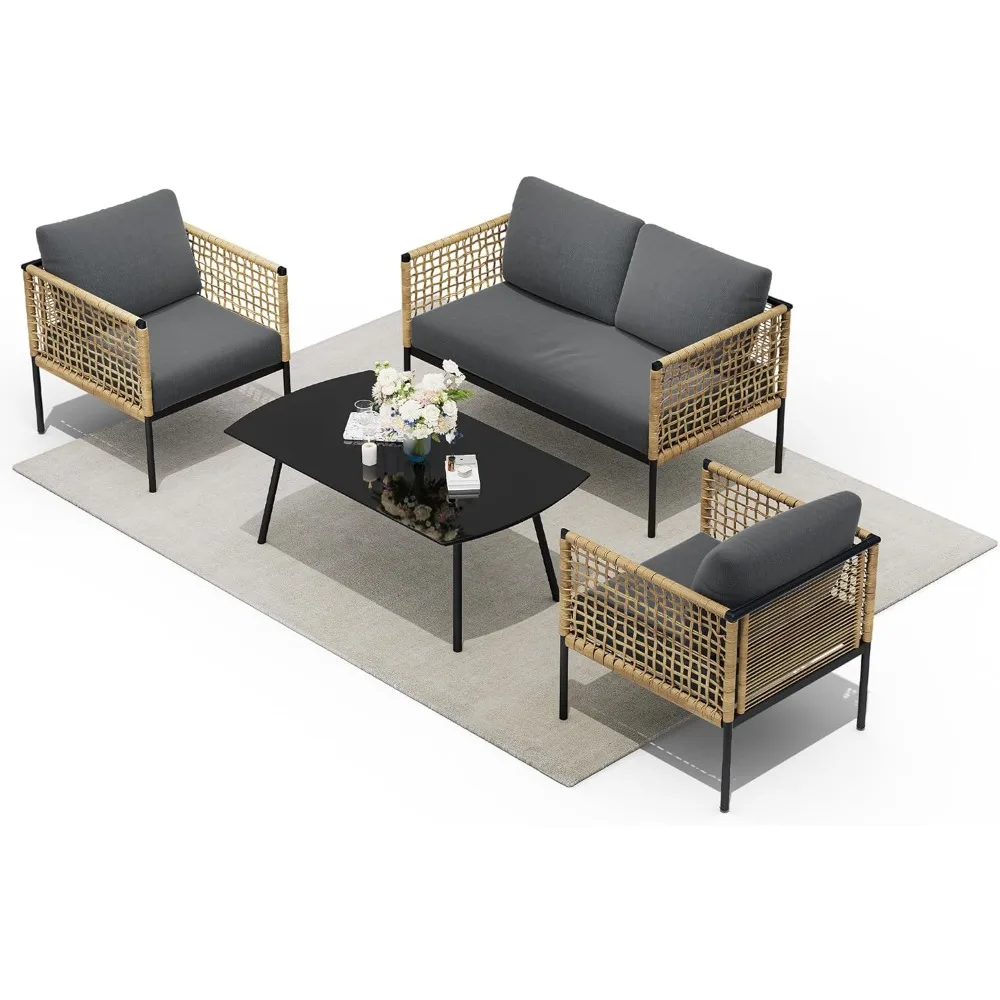 

Outdoor Patio Furniture Set with Coffee Table, 4 Piece Patio Sectional Furniture Set Wicker Rattan Chairs & Loveseat