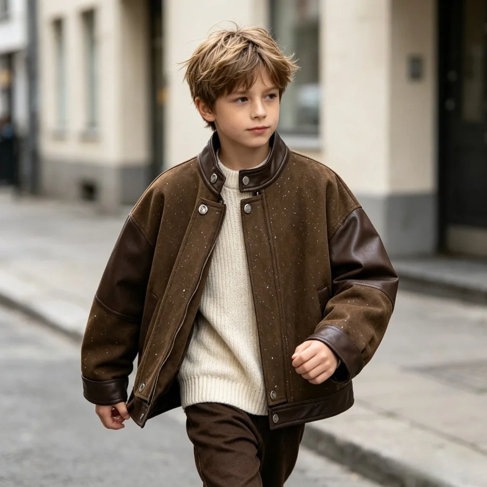 Boys Sparkle Starry Patchwork Jacket PU Leather Trim Stand Collar Coat Kids Autumn Trendy Cool Casual Outerwear Tops 4-12 Years