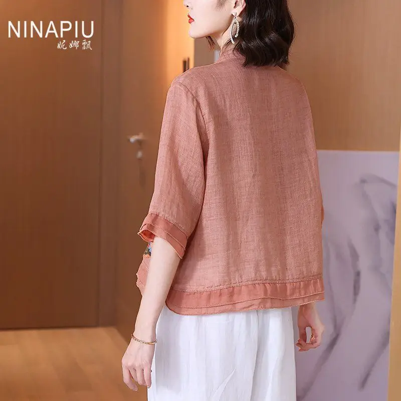 Retro Ramie Embroidered T-shirt Women Ethnic Style Summer Clothes Loose Small Stand Collar Top Chic Cardigan