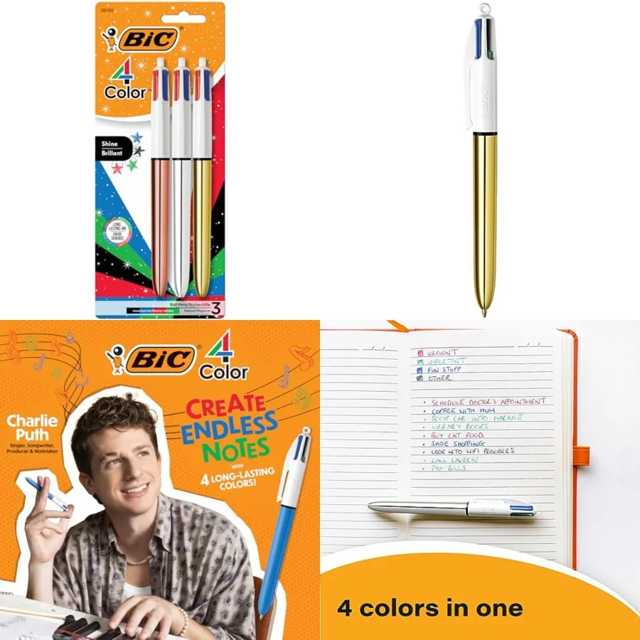 

Шариковая ручка BIC с 4-цветным блеском, выдвижная, с долговечными чернилами и средними точками 1,0 мм, 3 шт. в ассортименте чернил для офиса Sc