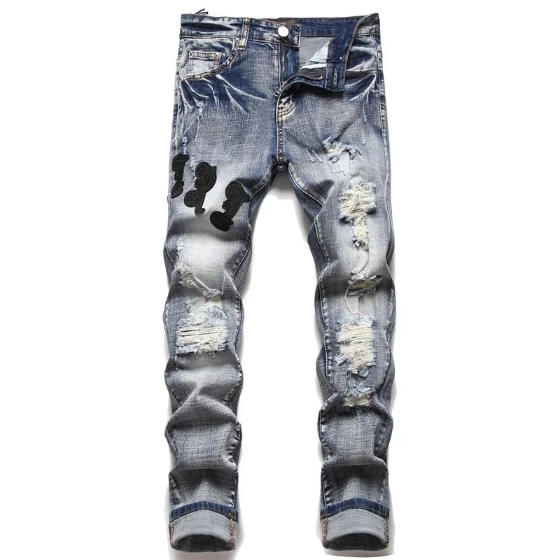 Hochwertige Herren jeans zerrissen bestickte Letter Star Mode elastische Slim Fit Füße Marke Street Motorrad Hose Herren Jeans