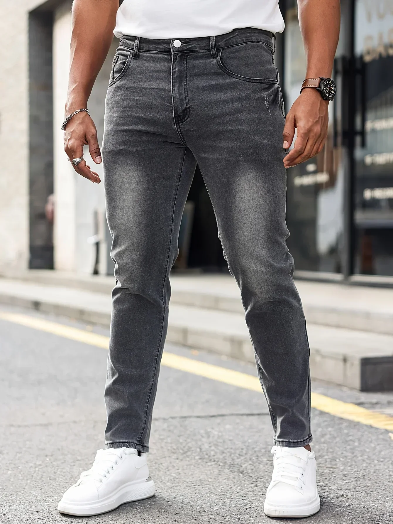 

1pc Men'S Slim Fit Stretch Jeans, Vintage Wash Skinny Long Pants,