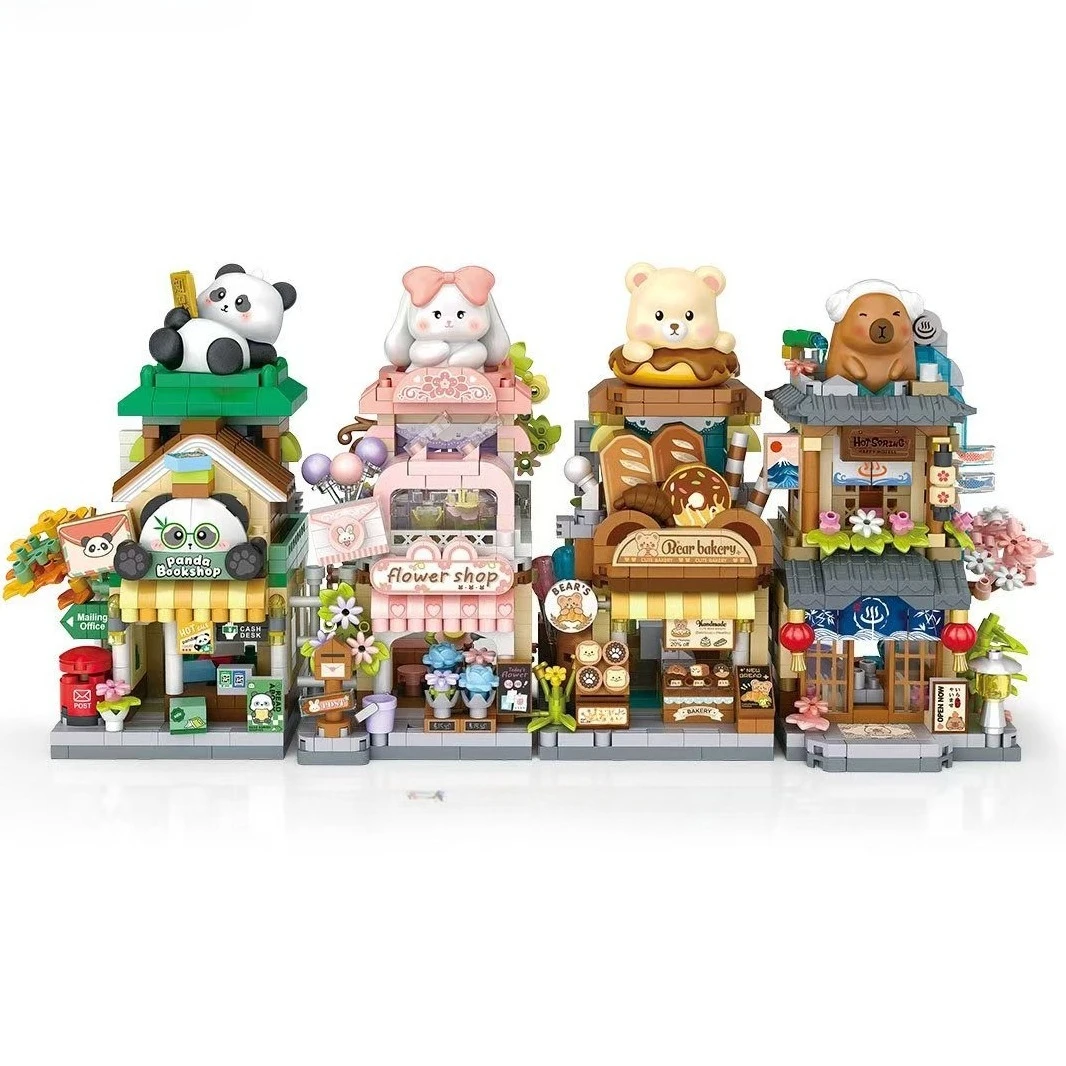 Cartoon Shops Bricks Building Set Capybara Shop Architecture Building Blocks Moc Panda Store Takoyaki Puzzle Gift