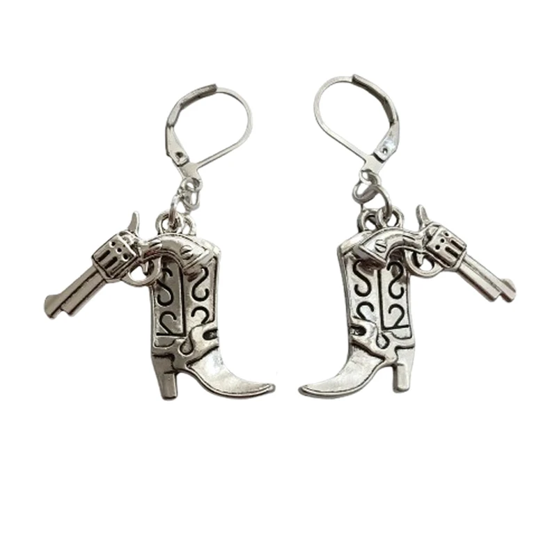 Cowboy Boot and Gun Charm Lever Back Earrings, Western Cowgirl Boot Dangle Pendant Ear Clip for Man Woman, Texas Cool Style
