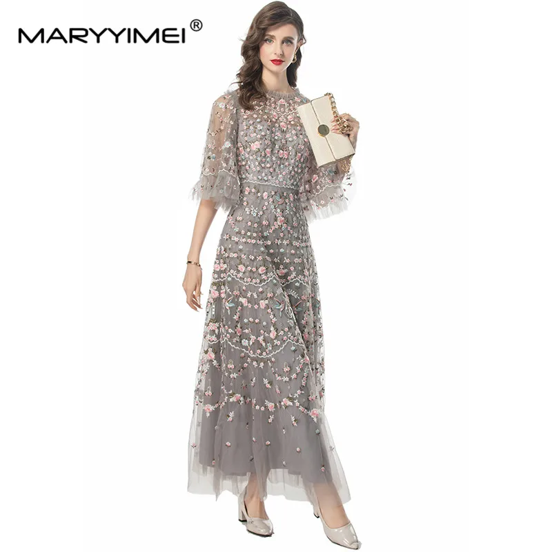 MARYYIMEI Beading Mesh Embroidery Sequins Women\'s Flare Sleeved High Waiste Vintage Temperament Summer S-4XL Dresses