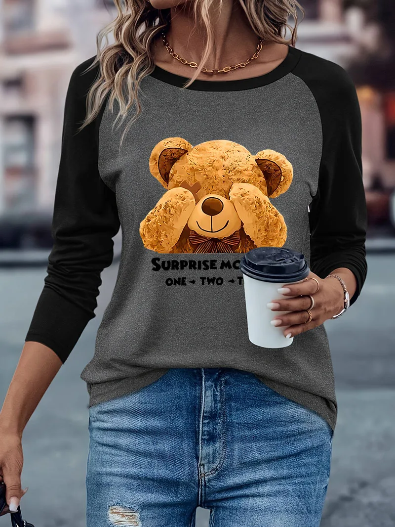 Hip-Hop-Bären-Print Lässiges Langarm-T-Shirt, Locker Geschnittenes Streetwear-Winter-Herbst-Grafik-Langarmshirt, Bequemes T-Shirt für Damen – Detail 4
