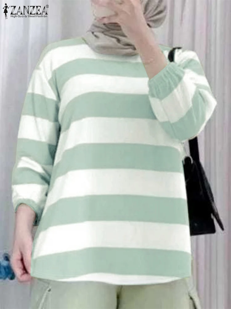 ZANZEA Long Sleeve Striped Pullover Tops Commute Islamic Fashion O Neck Daily Sweatshirts Women 2024 Casual Loose Muslim T-shirt