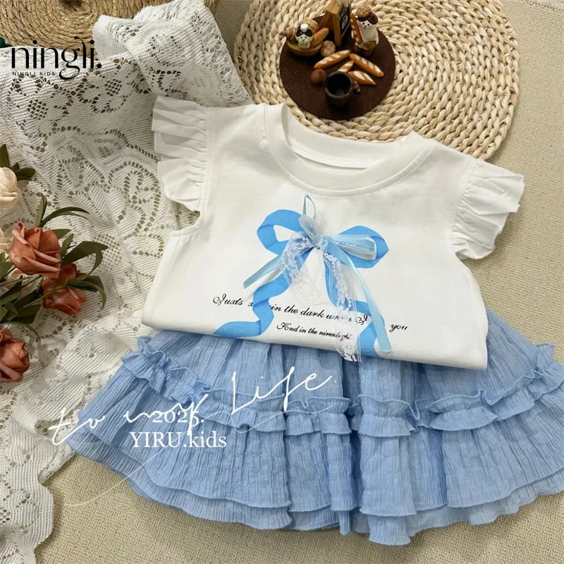 

Girls' Short Sleeve Cartoon Set Summer New Fashion Casual Bow Baby Princess Half Skirt Two-Piece Set