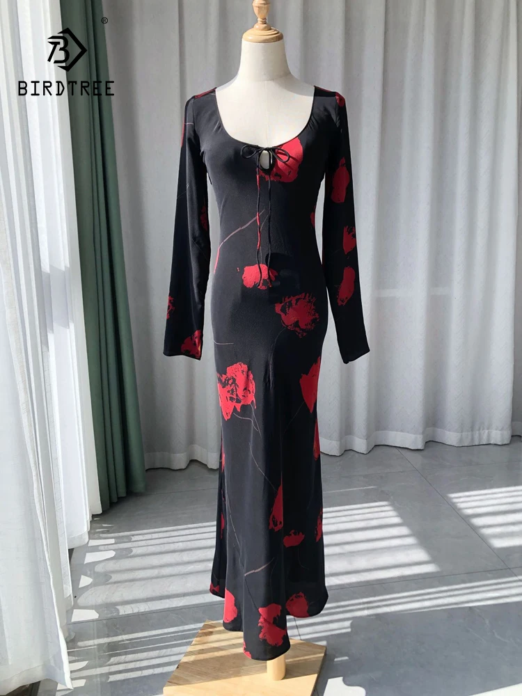 

BirdTree-100% Silk Elegant Dress, Women U Neck Long Sleeve Floral Print, French Retro Sexy Party Dresses, 2025 Summer D56130CC