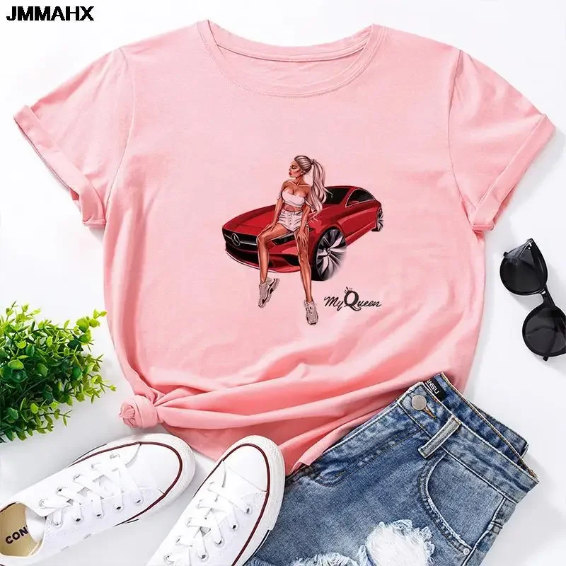 Harajuku Streetwear White Top Woman T Shirt Fashion Car Beauty Printed Women T-shirt Casual Short-sleeved Female Clothing Tshirt