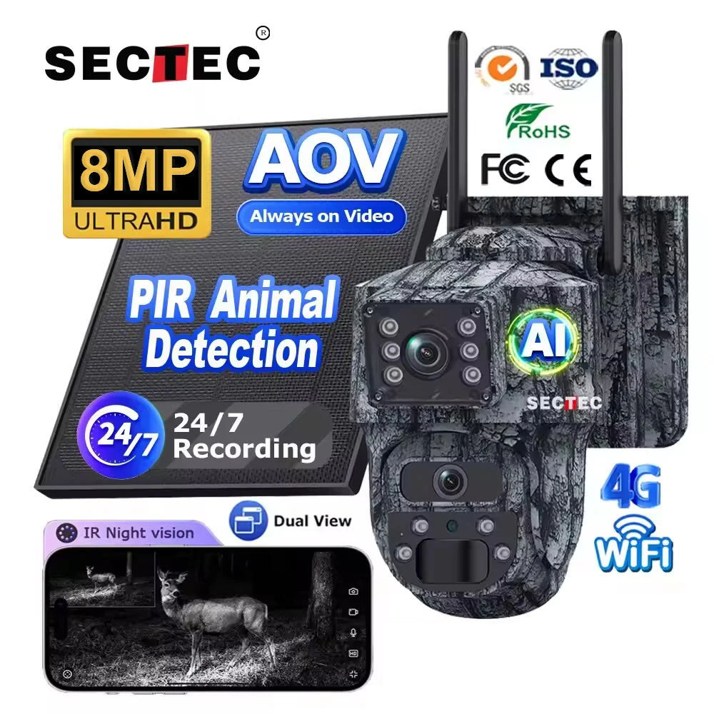 

Sectec Aov Dual Screen Solar Camera 8MP 4K WIFI / 4G SIM Monitor IP66 PIR Human Detection Security Camera Camouflage Forest Ubox
